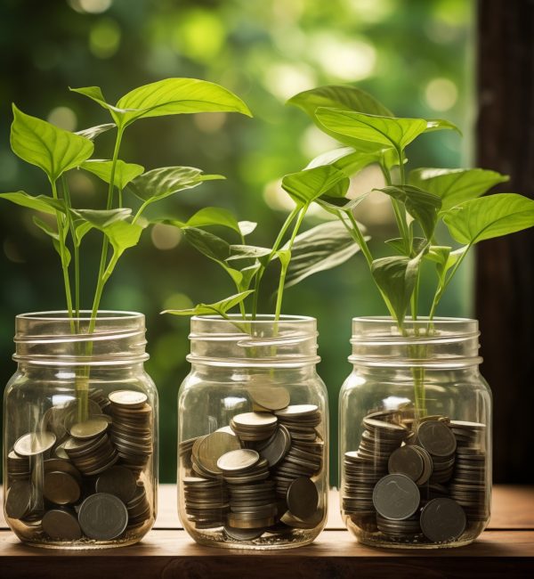 glass jars with money and plants on a wooden table framed by a wooden background, in the style of associated press photo, rich --ar 29:44